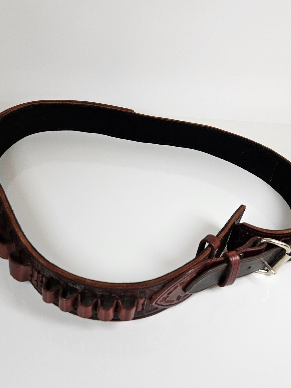 Leather Tooled Cartridge Belt with Loop Band Brown Western Cowboy Size 48